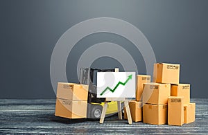 Forklift near boxes and easel with green arrow up. Growth trade and production rates, increased sales. High import export.