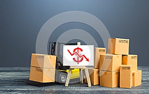 Forklift near boxes and easel with red dollar arrow down. Decline trade and production rates, decreased sales. Bad marketing, photo