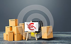 Forklift near boxes and easel red euro symbol down arrow. Price reduction. Low competitiveness of goods. Decline in production,