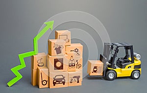 Forklift next to boxes and green up arrow. Logistics, transport infrastructure. Growth of online distribution of goods, increased