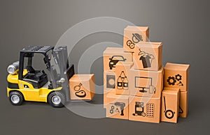 Forklift next to boxes and green up arrow. Logistics, transport infrastructure. Growth of online distribution of goods, increased