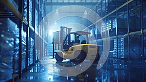 A Forklift at Work in Warehouse. AI generated