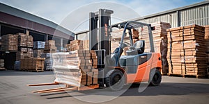 Forklift operator handling cargo in an industrial warehouse on a busy transportation day, with a stacker truck loading