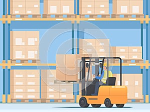 Forklift operator is placing goods on a stacker in a warehouse. Vector illustration