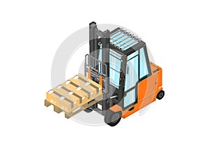 Orange counterbalance forklift with pallet. photo