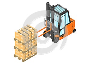 Orange counterbalance forklift with pallet. photo