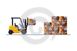 Forklift Packaging Garbage into Stacks, Waste Collection, Transportation and Recycling Concept Flat Style Vector