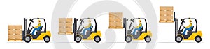 Forklift with pallet. Orange fork lift with man driver in warehouse. Icon of truck with worker. Cartoon illustration in flat style