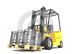 Forklift with pallete of beer kegs 3d illustration.