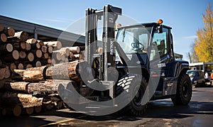 Forklift Parked Next to Pile of Logs