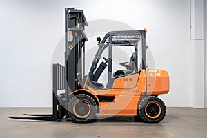 Forklift parked in a warehouse interior during daylight hours with industrial equipment nearby photo