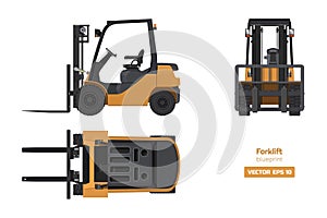 Forklift in realistic style. Top, side and front view. 3d image. Industrial isolated drawing of orange loader