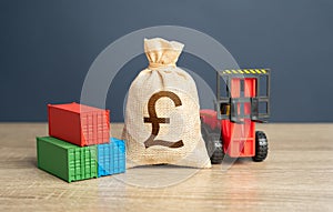 Forklift with shipping containers and british pound sterling money bag. photo
