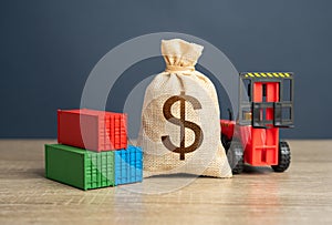 Forklift with shipping containers and dollar money bag.