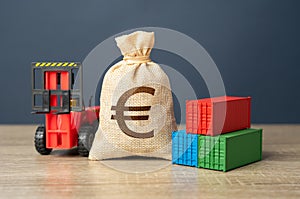 Forklift with shipping containers and euro money bag.