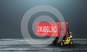 Forklift with smuggling of container. International trade smuggling. Illegal import of products, human trafficking, drug photo