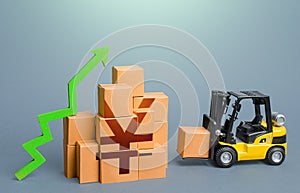 Forklift and stack of boxes with yen or yuan symbol and green up arrow. Sales growth concept. Increase imports and exports, post