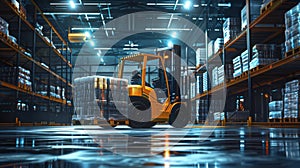 A Forklift at Work in Warehouse. AI generated