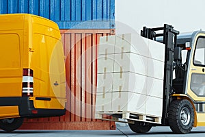 Forklift transporting cargo at warehouse docker.loader at storehouse. Pallet stacker truck equipment. 3d rendering.