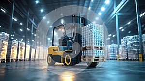 Forklift Transporting Pallets of Goods in a Warehouse
