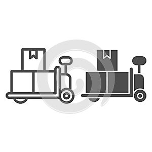 Forklift trolley with boxes line and solid icon, delivery and logistics symbol, Loaded hand warehouse cart vector sign