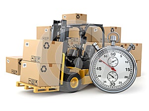 Forklift truck with boxes and stopwatch .Express delivery conce