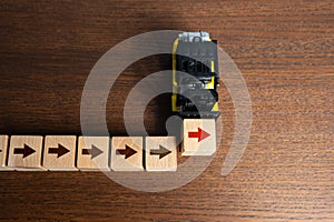 Forklift truck build workflow. Pave the way with arrows. Make way forward. Movement towards goal, firmness of intentions. Growth photo