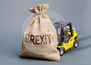 The forklift truck cannot budge the bag Brexit. UK withdrawal from the EU without deal agreement. A difficult political situation