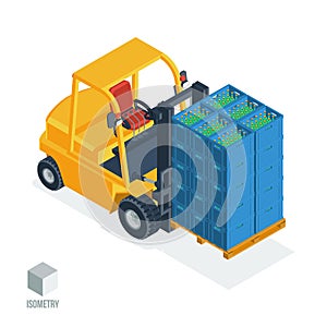 Forklift truck with cargo. Isometric 3D vector illustration in a flat style on a white background