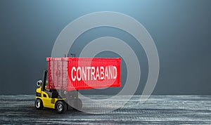 A forklift truck carries a red container contraband. Transportation of illegal prohibited goods. Border control, high corruption