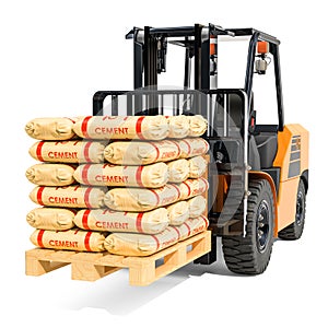 Forklift truck with cement bags, 3D rendering