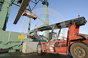 Forklift truck and container crane