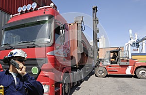 Forklift, truck and containers
