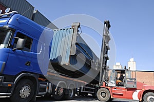 Forklift, truck and containers