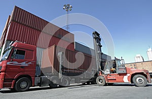 Forklift, truck and containers