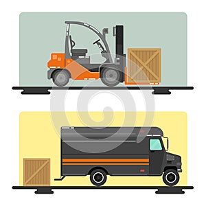 Forklift Truck. Delivery Van. Logistics Industry. Heavy Transportation