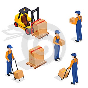 Forklift Truck With Delivery Workers on White Background, Vehicle Forklift Picks up a Box