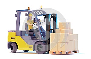 Forklift truck driver lifting pallet with boxes