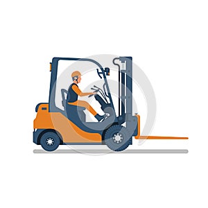 Forklift truck. The driver of the vehicle is driving. Delivery, logistics.