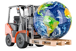 Forklift truck with Earth Globe. Global shipping and worldwide delivery, concept. 3D rendering