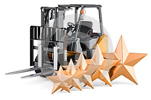 Forklift truck with five golden stars. Customer rating of freight delivery. 3D rendering