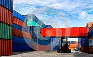 Forklift truck handling container box in shipping industry