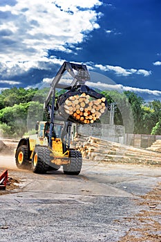 Forklift truck hauling logs at sawmill