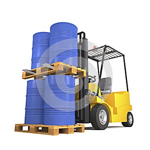 Forklift truck for industrial warehouse loads pallets with barre