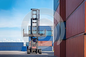 Forklift truck lifting cargo container in shipping yard or dock yard against sunrise sky for transportation import, Export and log