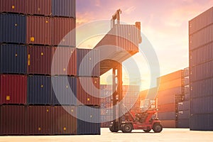 Forklift truck lifting cargo container in shipping yard or dock yard