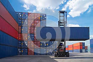 Forklift truck lifting cargo container in shipping yard or dock yard against sunrise sky for transportation import