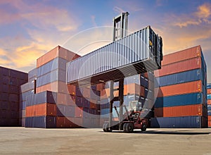 Forklift truck lifting Cargo containers in shipping yard