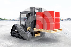 The forklift truck is lifting oil barrels on white background