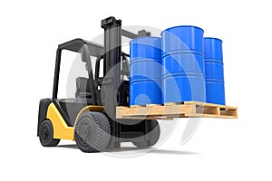 The forklift truck is lifting oil barrels on white background